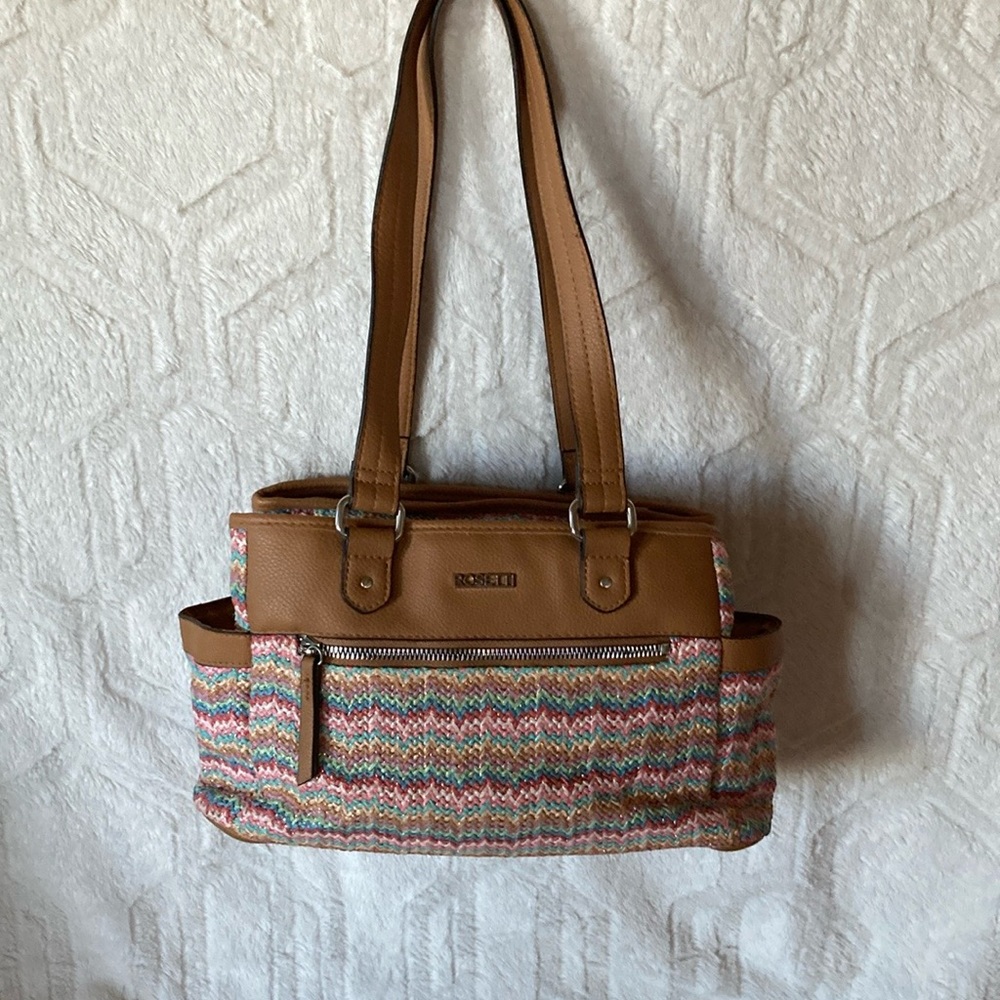 Preloved Shoulder Bag. Colors:Multicolored Squiggly Lines With Brown Trim View 3